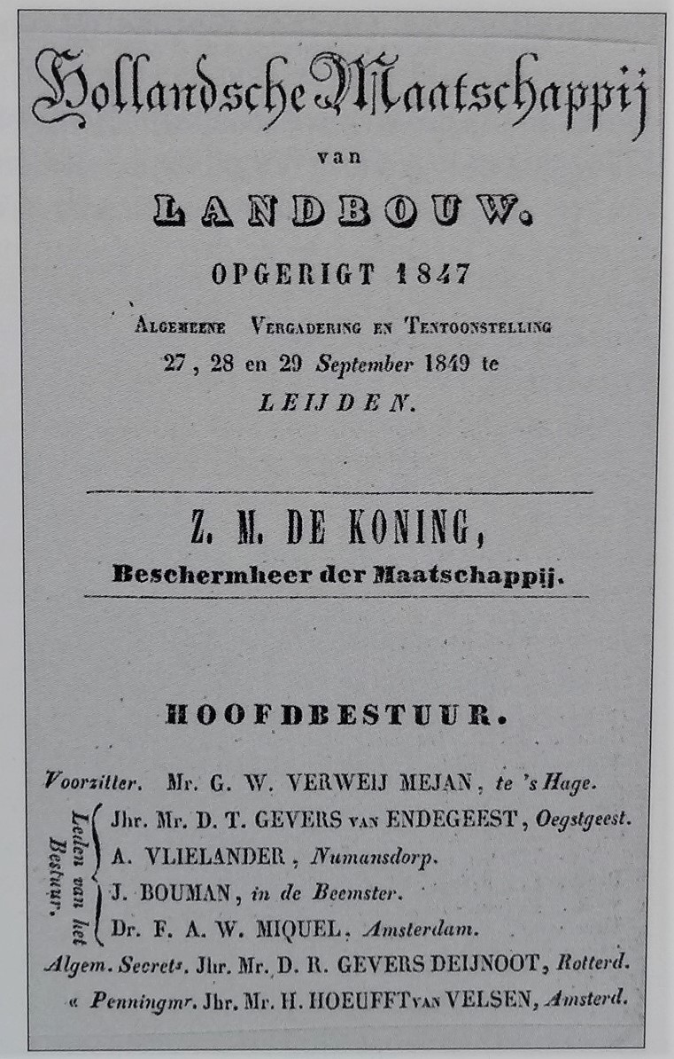 Historische aankondiging van de Hollandsche Maatschappij van Landbouw, Algemeene Vergadering en Tentoonstelling te Leijden, 27 tot 29 september 1849, met vermelding van het hoofdbestuur.