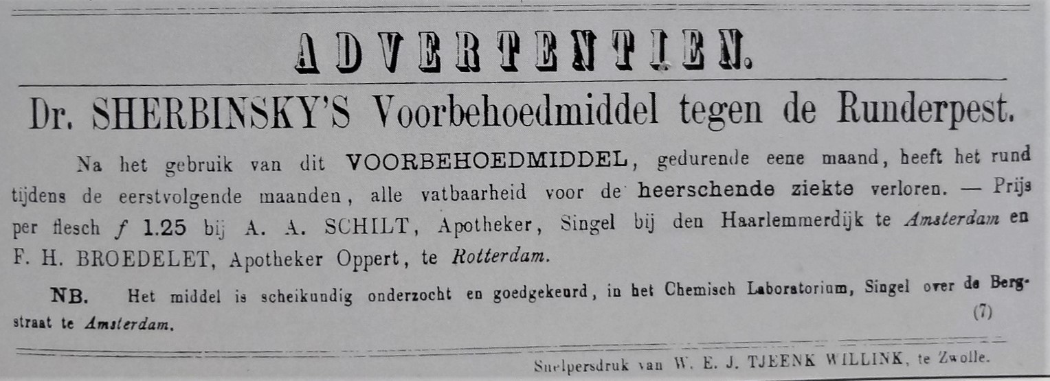 Historische advertentie voor Dr. Sherbinsky's Voorbehoedmiddel tegen de Runderpest, circa 1865.