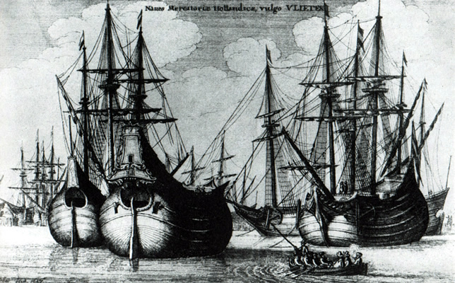 Historische gravure van Hollandse koopvaardijschepen (Naves Mercatoriae Hollandicae, vulgo Vlieten), symbool van de maritieme moedernegotie.
