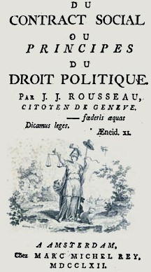 Titelblad van Du Contract Social ou Principes du Droit Politique door J.J. Rousseau, uitgegeven te Amsterdam in 1762.