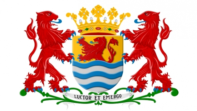 Wapenschild van de provincie Zeeland met het motto Luctor et Emergo, twee rode leeuwen als schildhouders en een kroon.