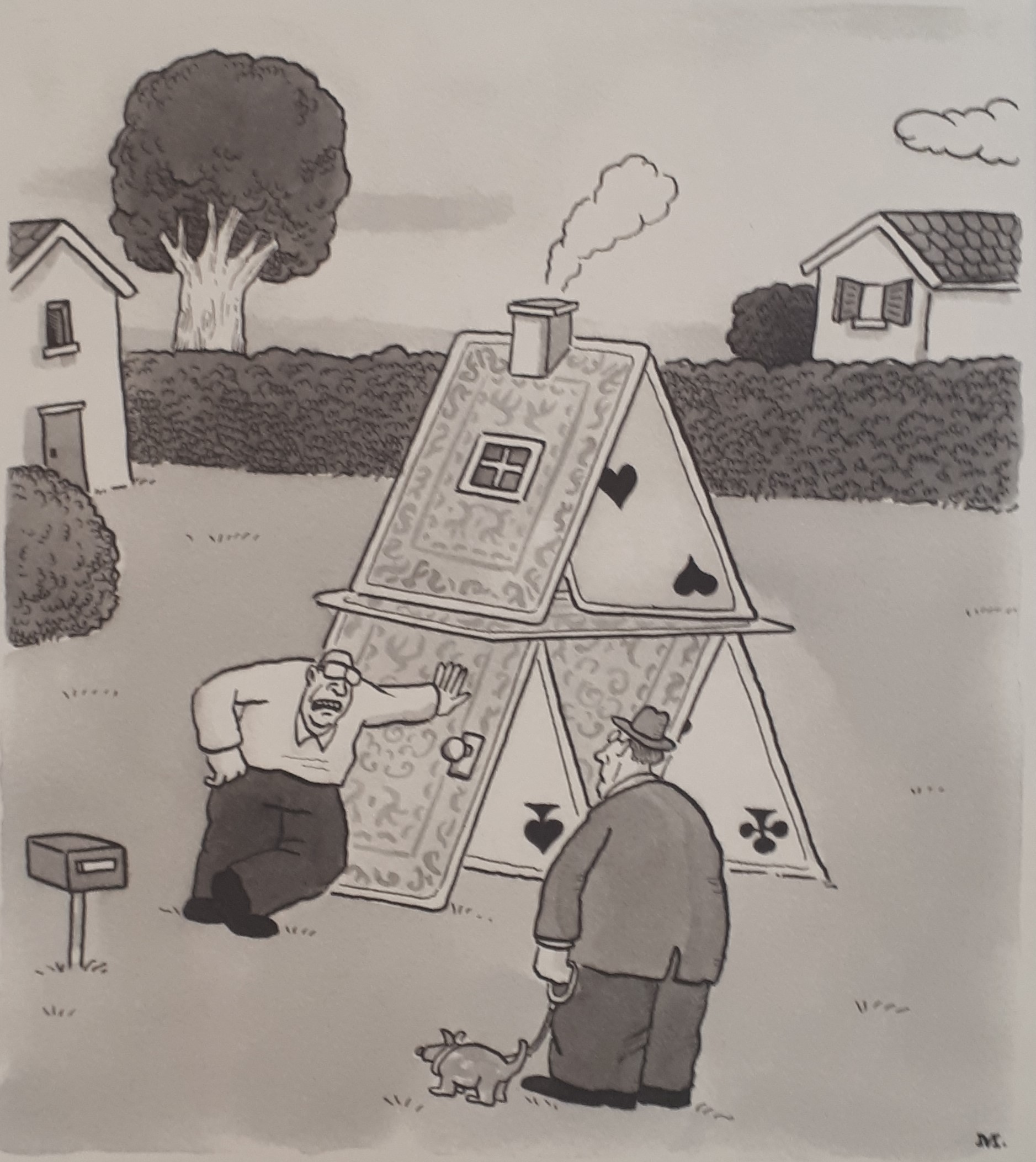Cartoon van een huis gebouwd van speelkaarten, met twee figuren die het bekijken — illustratie van een politiek kaartenhuis.