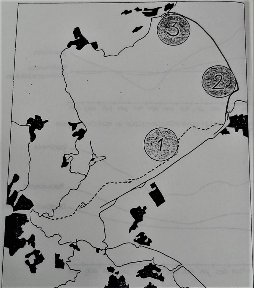 Kaart met drie mogelijke locaties (genummerd 1, 2 en 3) voor drinkwaterbassins of winplekken in het Markermeer.