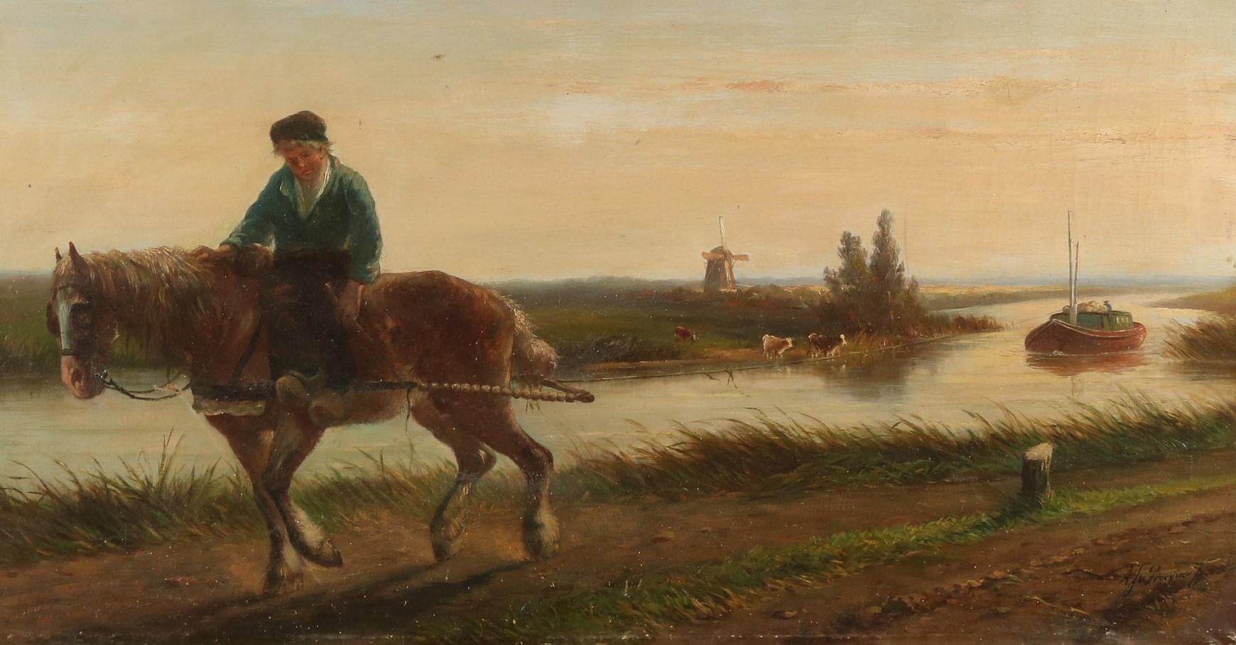 Negentiende-eeuws schilderij van een jongeman op een paard die een schip trekt langs een jaagpad naast een vaart, met een molen en een rood schip op de achtergrond.