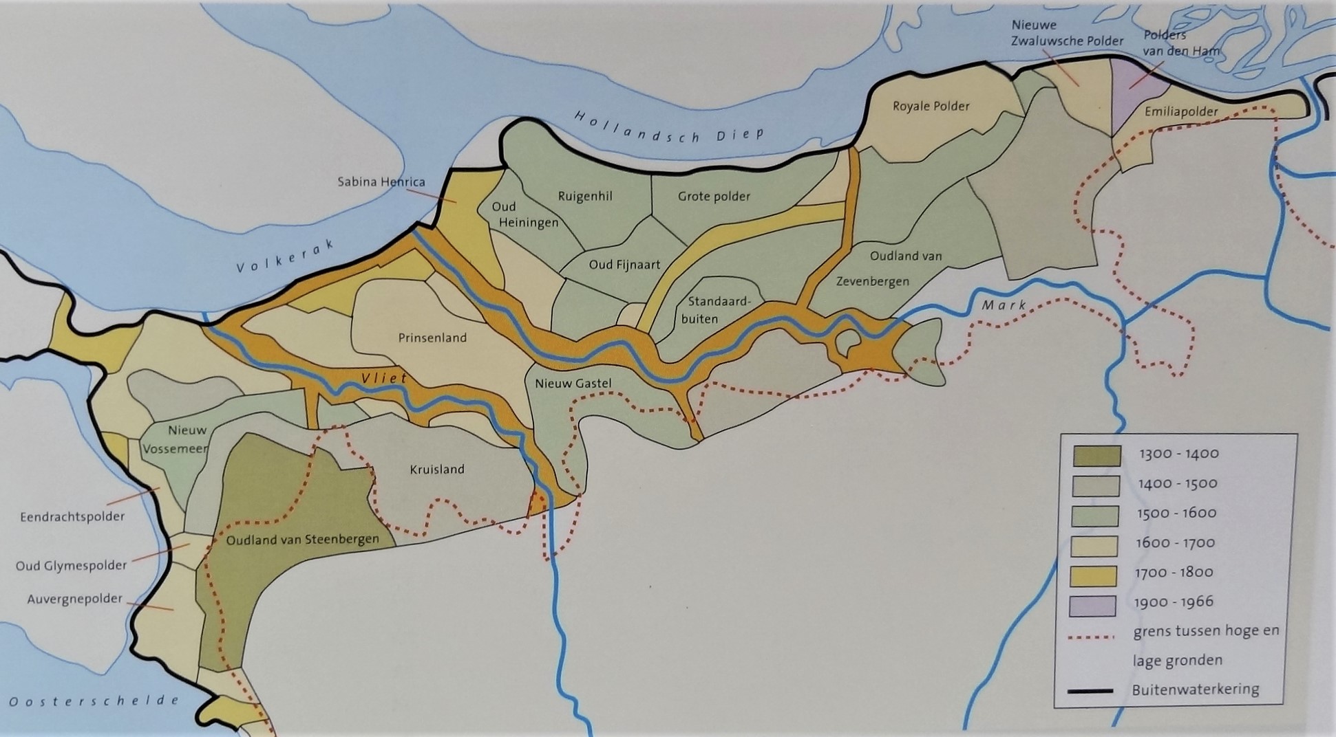 Historische kaart van de inpolderingsgeschiedenis van het werkgebied van waterschap Brabantse Delta, met per periode ingekleurde polders van 1300 tot 1966 en de buitenwaterkering.