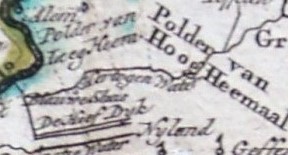 Detail van een historische kaart waarop de Hertogswetering en omliggende polders zijn aangegeven.
