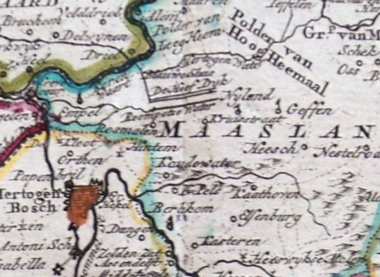 Historische kaart van het gebied rond Den Bosch, Empel, Rosmalen, Nuland en de polder van het Eigen langs de Maas, met de Hertogswetering en omliggende dijken.