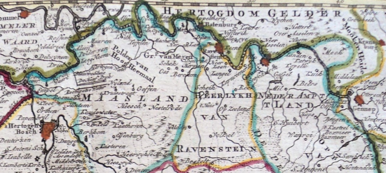 Historische kaart van het gebied langs de Maas tussen Den Bosch en Grave, met Maasland, Hertogdom Gelder en de Polder van Hoog Heemaal — het gebied van de Beerse Overlaat.