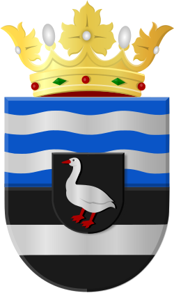 Wapenschild van het waterschap Brabantse Delta — blauw en zilver met golven en een zwarte balk met een witte gans, gekroond.
