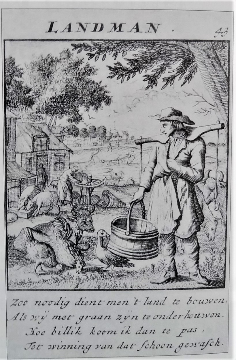 Historische gravure van een Landman (boer) met emmer en schoffel, omgeven door vee en pluimvee, met onderschrift in oud-Nederlands over het belang van het bebouwen van het land.