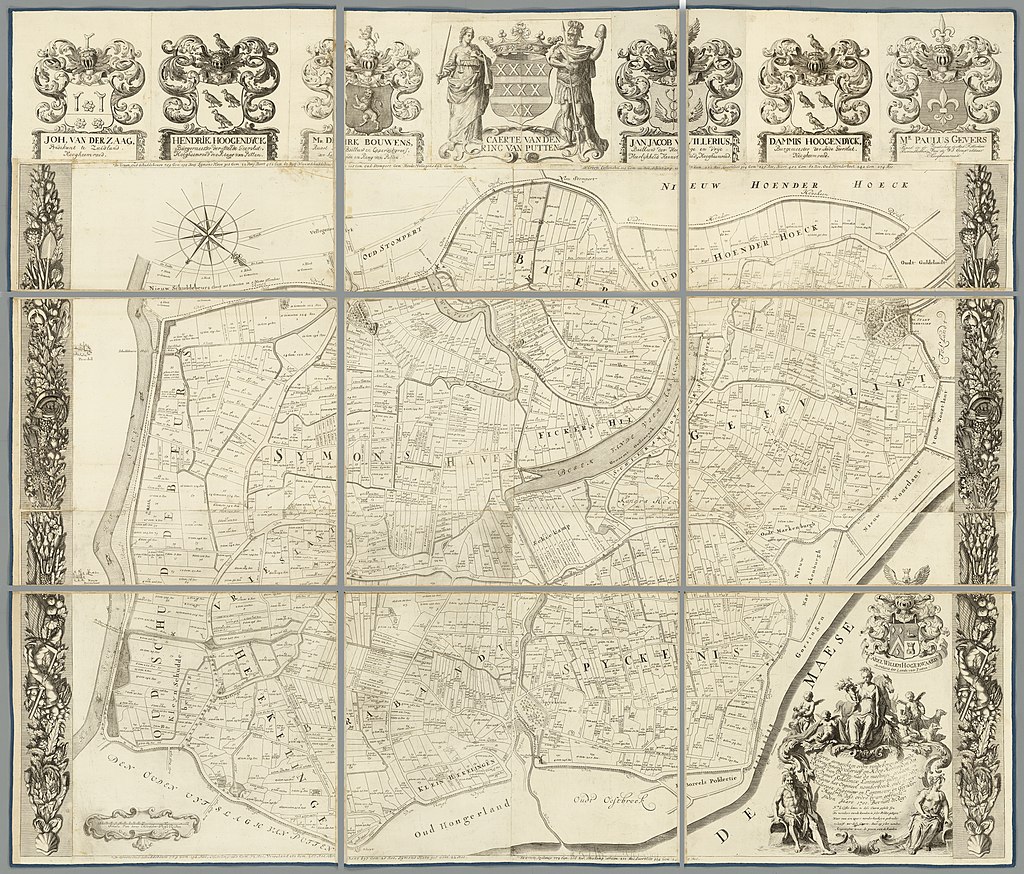 Historische kaart: Caerte van den Ring van Putten, met percelen, waterwegen en wapenschilden van de hoogheemraden langs de bovenzijde.
