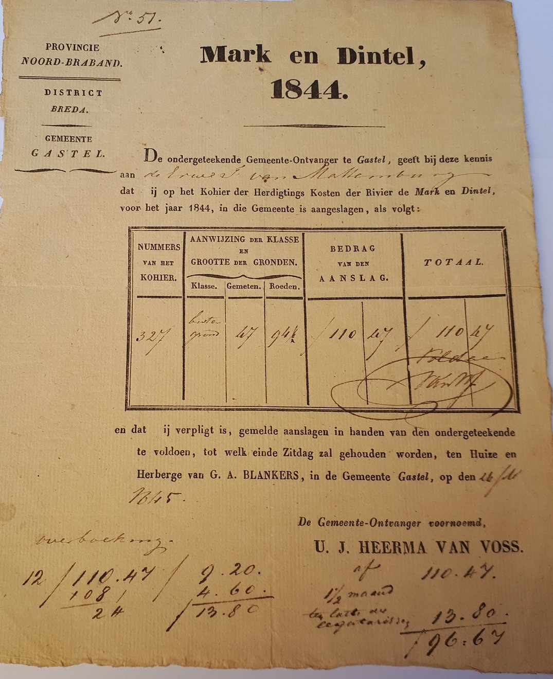 Historisch document: aanslag op het Kohier der Herdigtings Kosten der Rivier de Mark en Dintel voor het jaar 1844, Provincie Noord-Brabant, District Breda, Gemeente Gastel, ondertekend door gemeente-ontvanger U.J. Heerma van Voss.