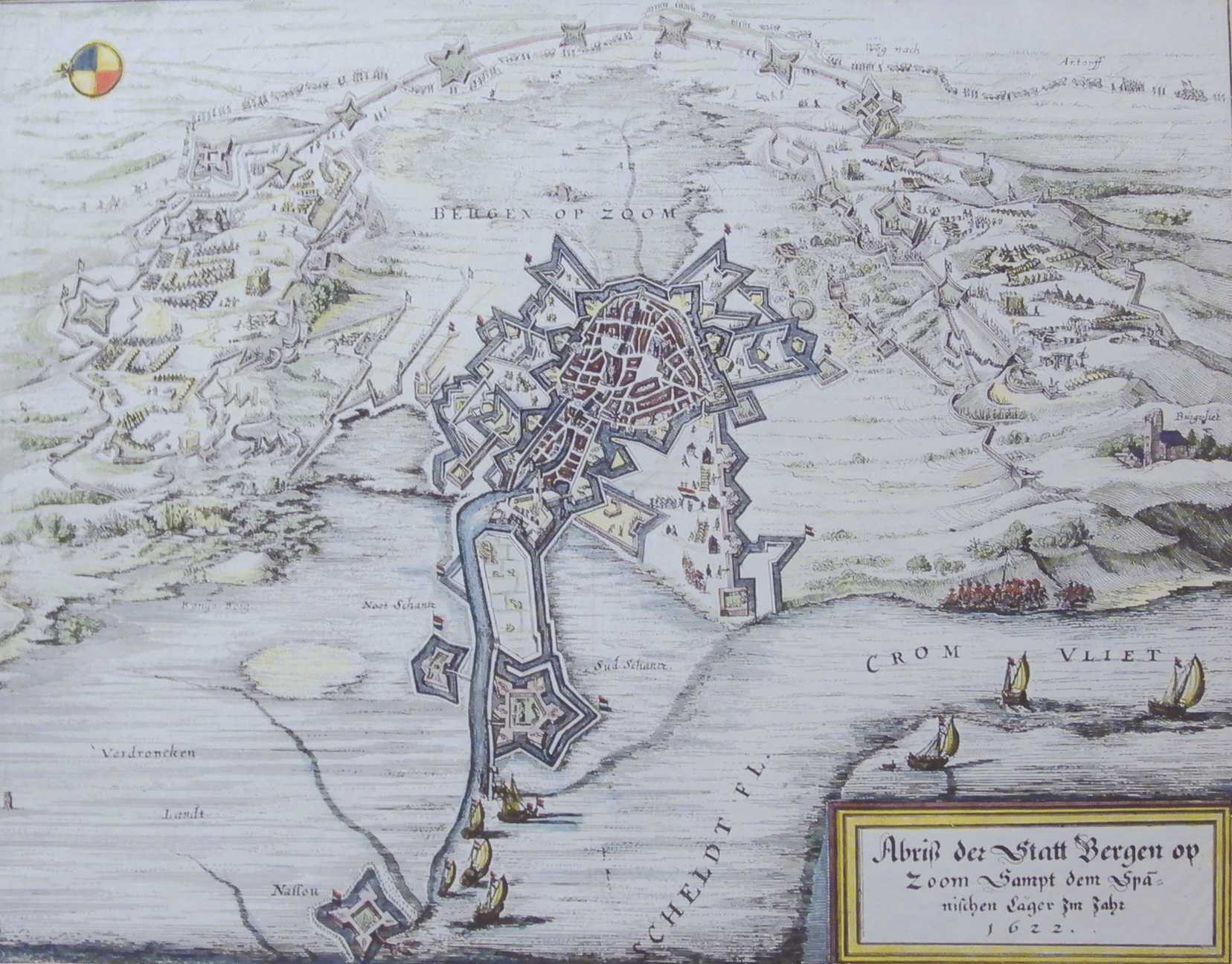 Historische plattegrond van Bergen op Zoom met het Spaanse beleg in 1622, met de vestingwerken, de Scheldemonding, de Crom Vliet en de omliggende polders.