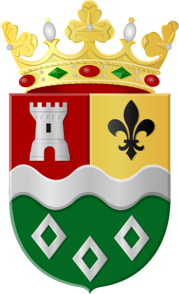Wapenschild van de heerlijkheid Alem — rood-goud gevierendeeld met toren en lelie, groene ondervlak met ruiten, gekroond.