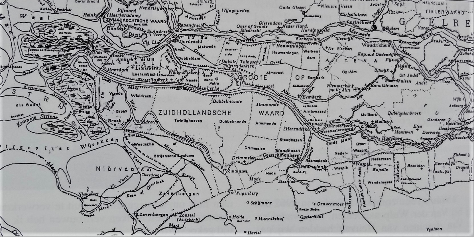 Historische kaart van de Zuidhollandsche Waard vóór de Sint-Elisabethsvloed van 1421, met de dorpen, waterwegen en dijken van de Groote Waard.