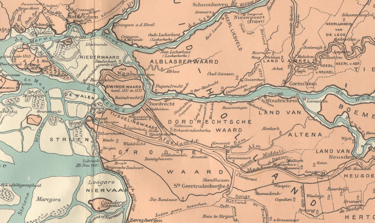 Historische kaart van de Groote Waard na de Sint-Elisabethsvloed van 1421, met de inbraak van 28 november 1421 aangegeven en de nieuwe waterstaatkundige situatie met de Biesbosch, Dordtsche Kil en Nieuwe Merwede.