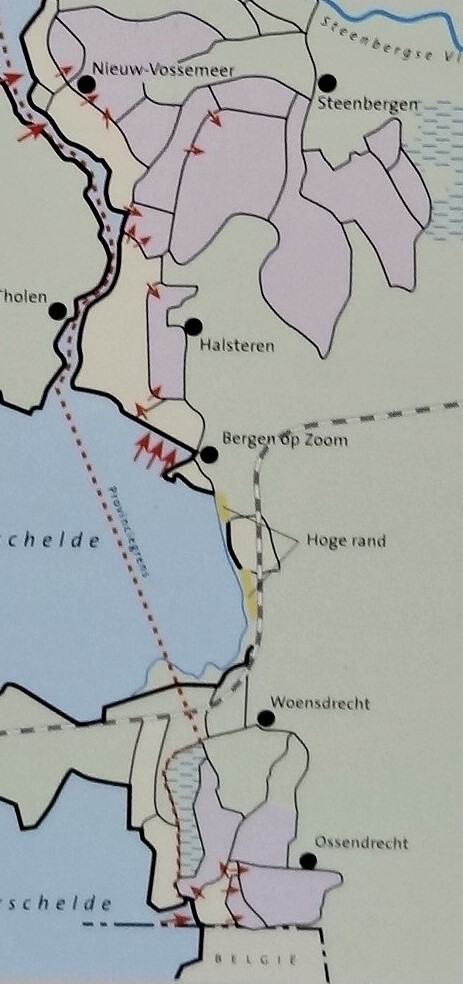 Kaart van het gebied rond Tholen, Nieuw-Vossemeer, Halsteren, Bergen op Zoom, Woensdrecht en Ossendrecht, met rode pijlen die de stroomgaten in de zeedijk en de doorbraken van binnendijken tijdens de watersnoodramp van 1953 aangeven.